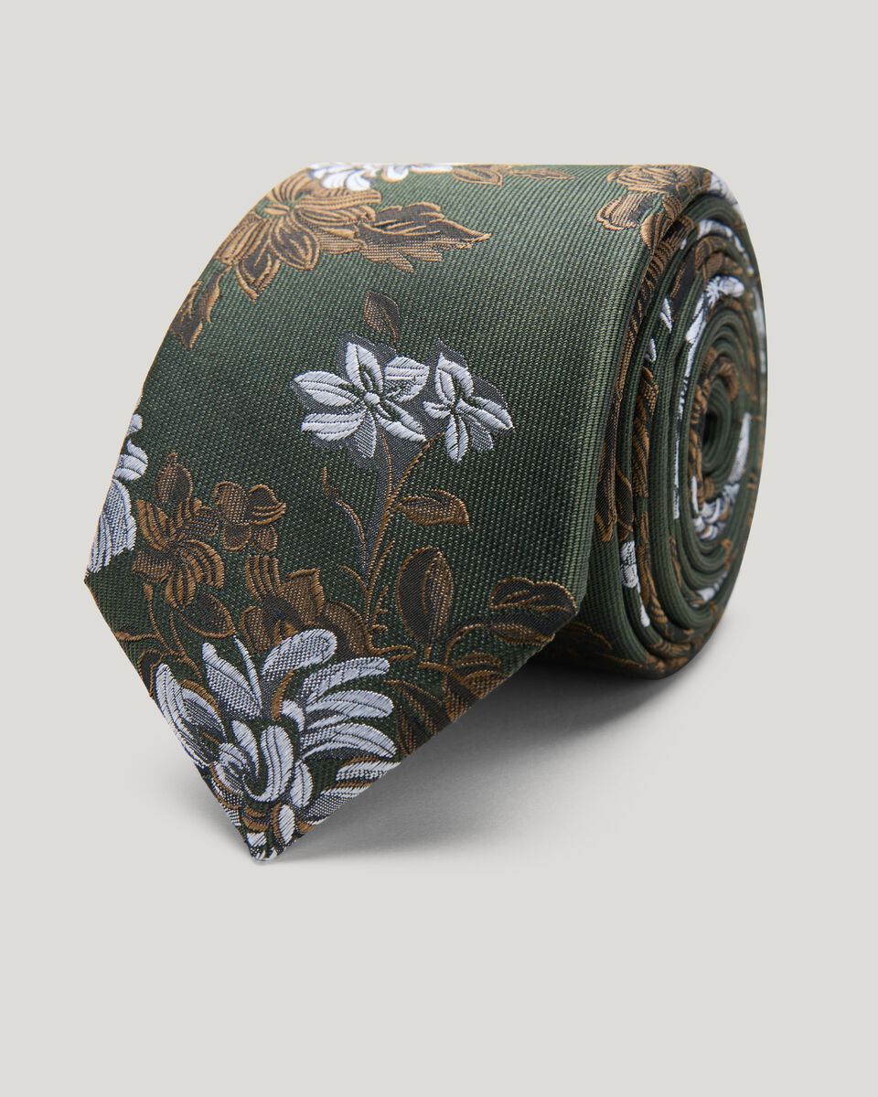 Large Spaced Floral Silk Tie, Khaki/White, hi-res